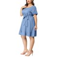 thumbnail image 4 of Unique Bargains Women's Plus Size Round Neck Roll Up Sleeve Ruffle Chambray Midi Dresses 3X Light Blue, 4 of 7