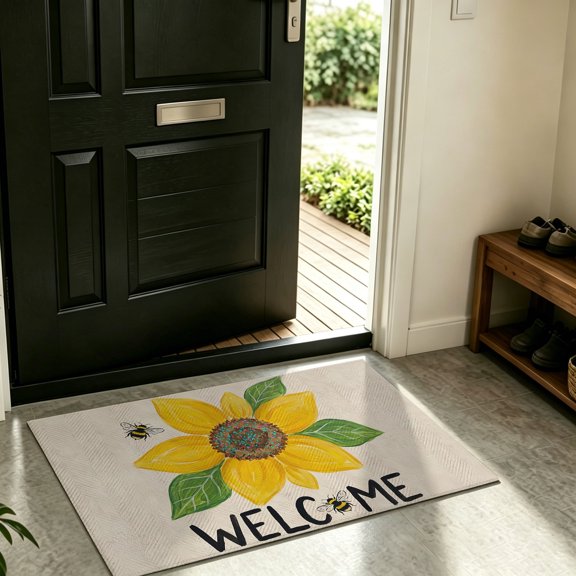 Front Door Mat Indoor Outdoor Welcome Words Farm Sunflowers Non-Slip Doormat Low Profile Patio Porch Entryway Rug 16x24in Summer Honey Bee