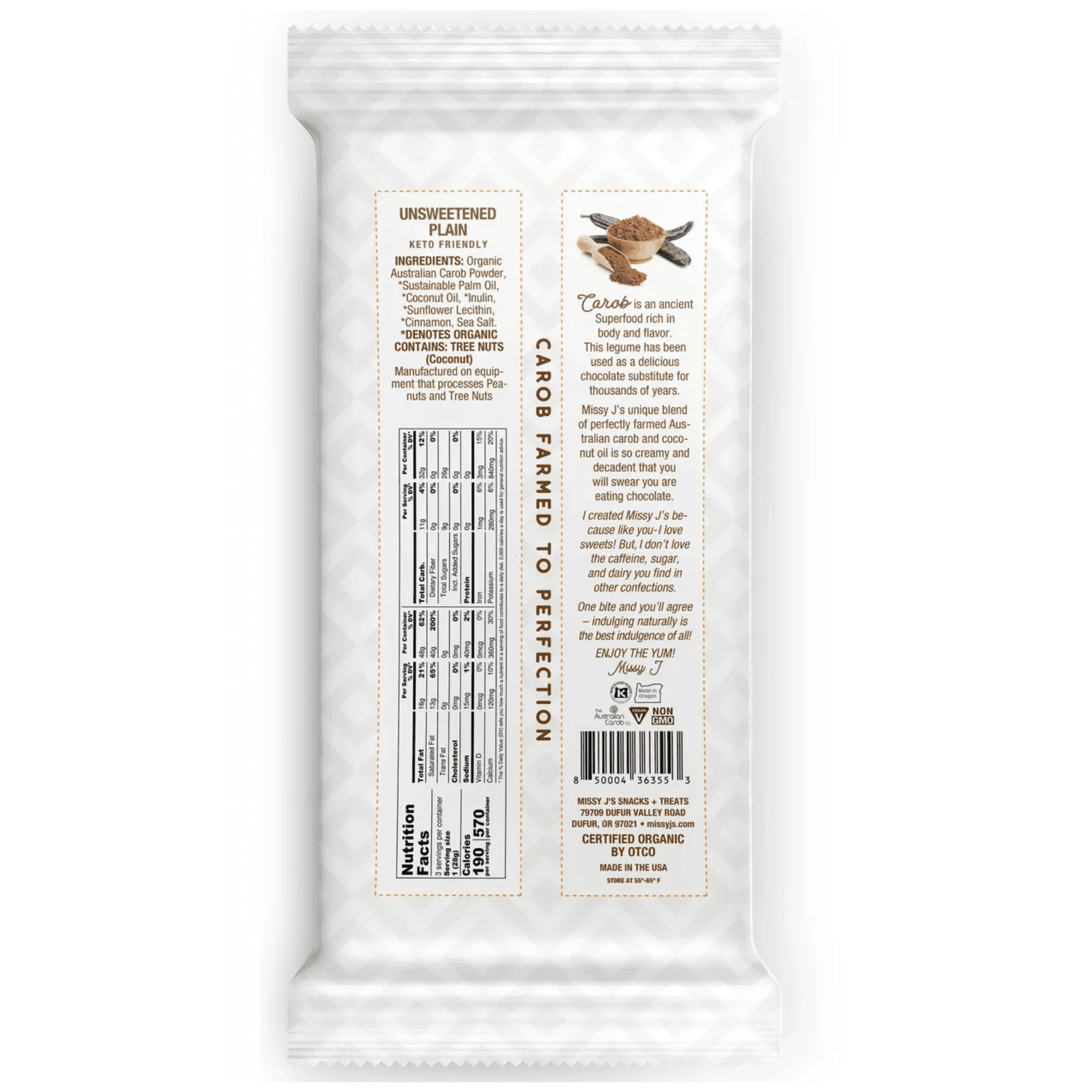 Missy J’s Organic Carob Unsweetened Plain Candy Bar Chocolate Substitute Healthy 3oz 6 Pack