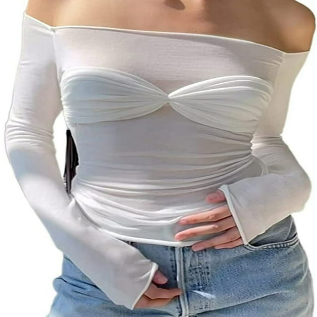 Women Tops Solid Color Off Shoulder Flared Long Sleeve T-Shirts