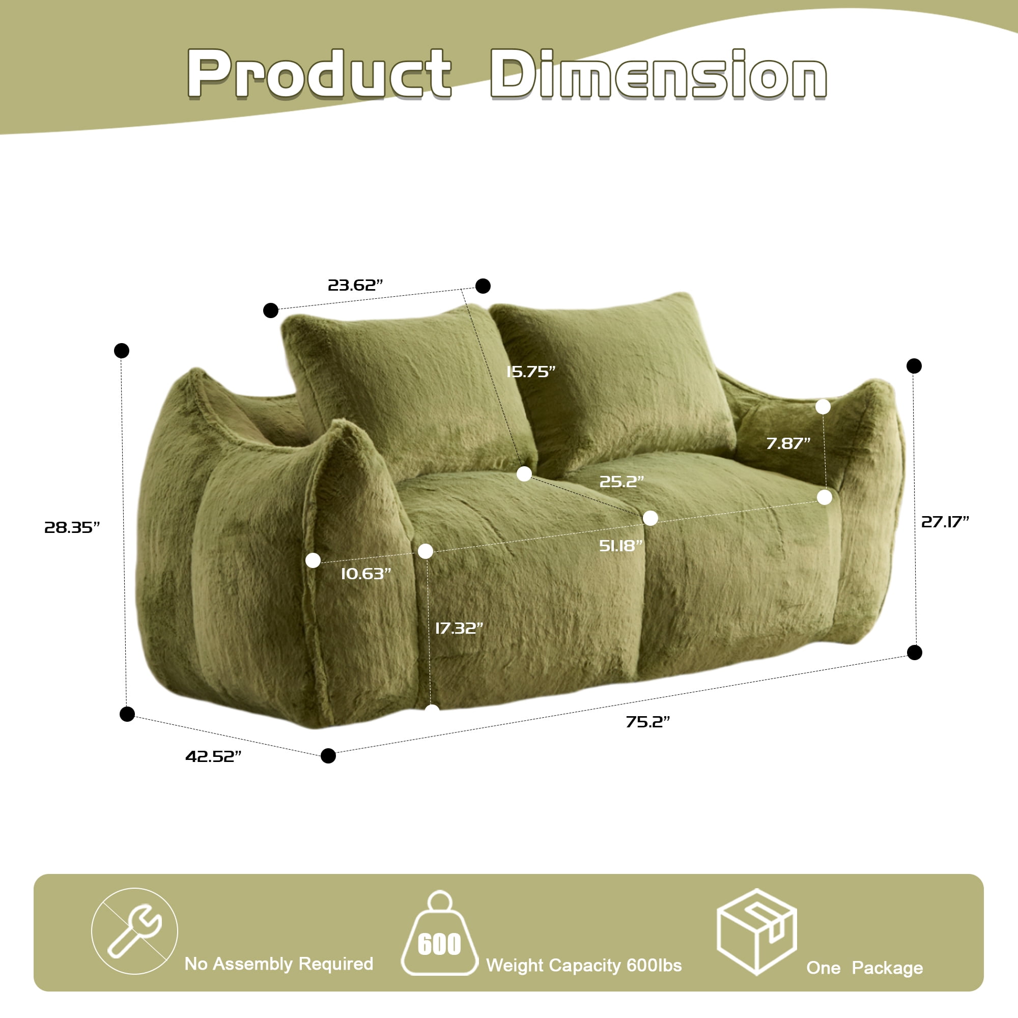 FFH Bean Bag Chair for Adults, 75" Oversized Loveseat Bean Bag Sofa with 2 Pillows, Lazy Sofa Reading Chaise Lounge Couch for Living Room, Bedroom, Green