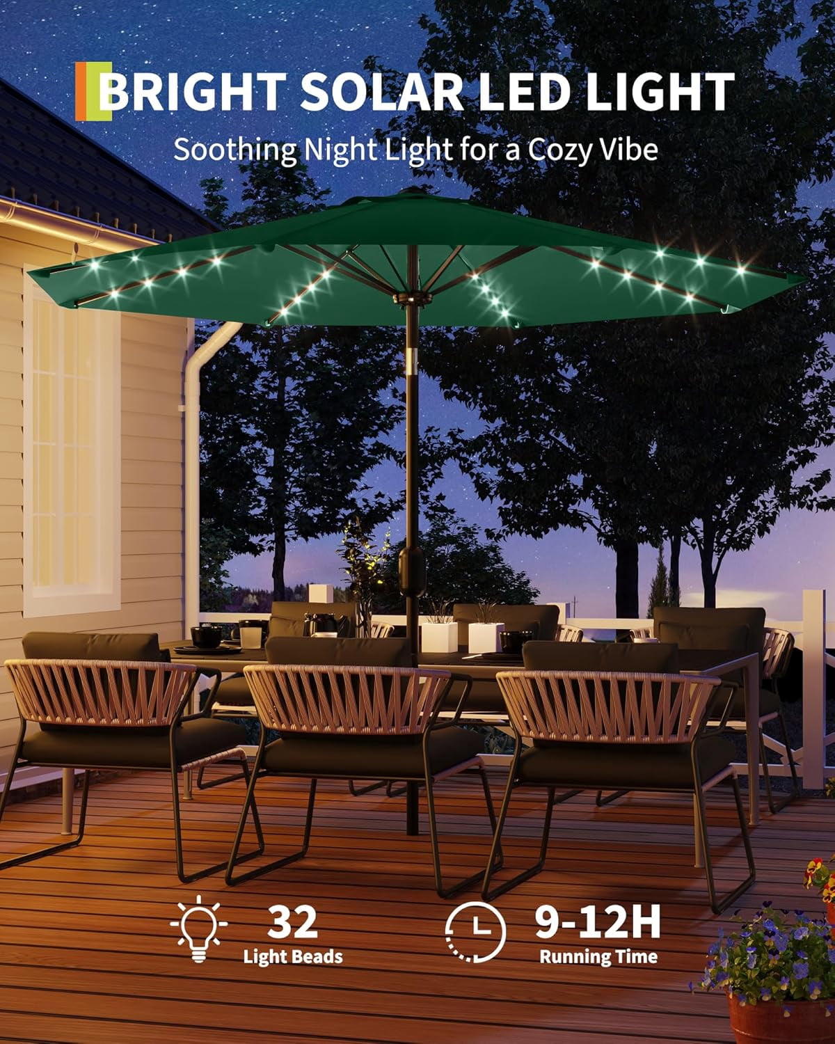 9Ft Solar LED Patio Umbrella - 32 Lights Auto-Charging, 8-Rib Heavy Duty Steel Frame, Tilt Crank & UV Resistant, Waterproof Outdoor Market Umbrella for Pool Deck Garden, Dark Green