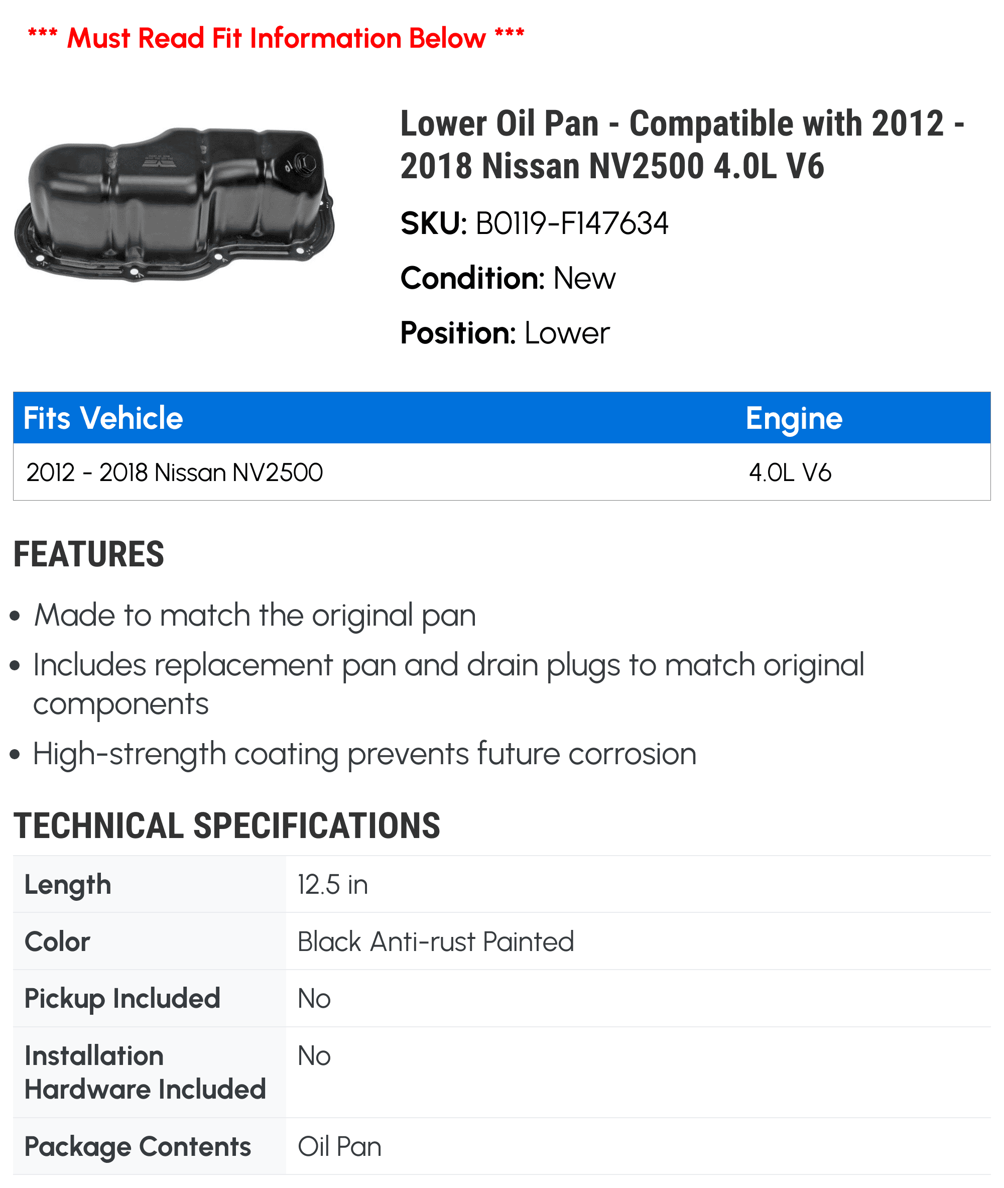 Lower Oil Pan - Compatible with 2012 - 2018 Nissan NV2500 4.0L V6 - Dorman
