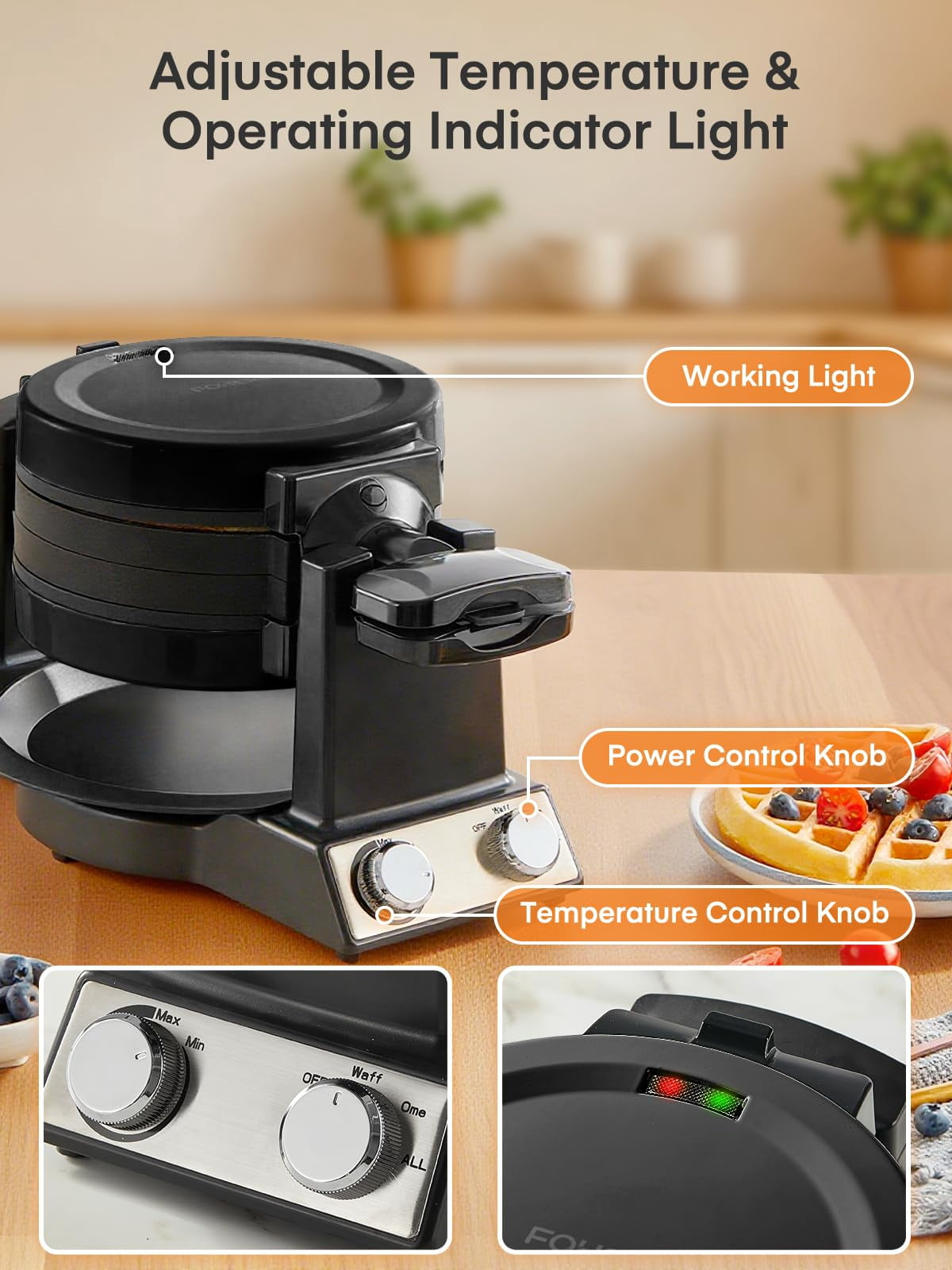 FOHERE 2-in-1 Waffle Maker & Omelette Maker, 1400W 180° Flip Rotating & Nonstick Pans, Black, New