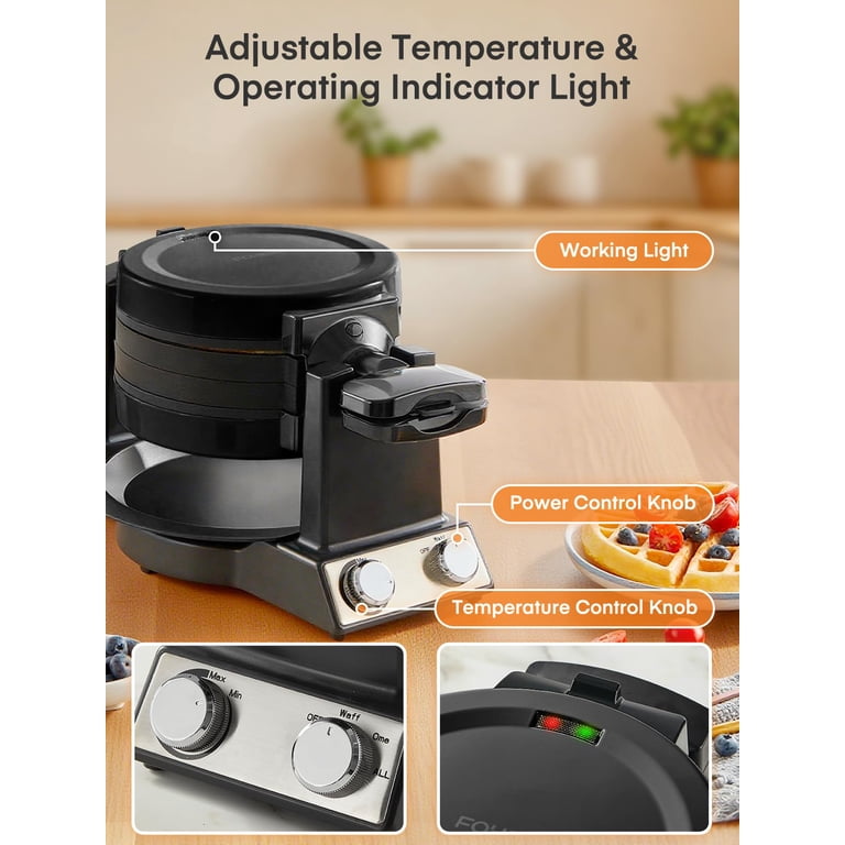FOHERE ワッフルメーカー ブラック FOHERE 2-in-1 Waffle Maker & Omelette Maker, 1400W 180° Flip
