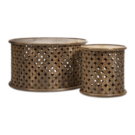 Set of 2 Contemporary Hand Carved Wood Lattice Design Round End Tables