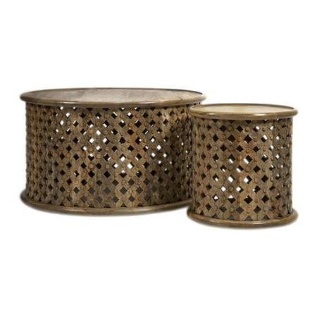 Set of 2 Contemporary Hand Carved Wood Lattice Design Round End Tables