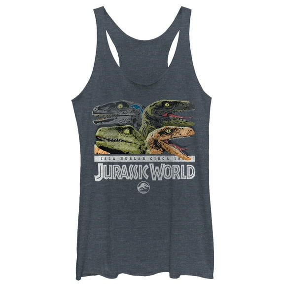 Women's Jurassic World Isla Nublar Raptor Party Racerback Tank Top Navy Blue Heather Medium
