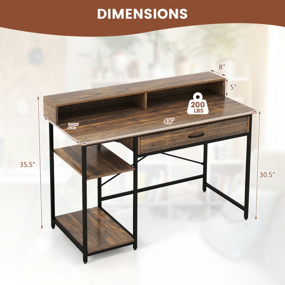 Demi Bonn 48" Computer Desk with Monitor Stand Drawer and Shelves, Small Home Office Desk Study Writing Table, Brown