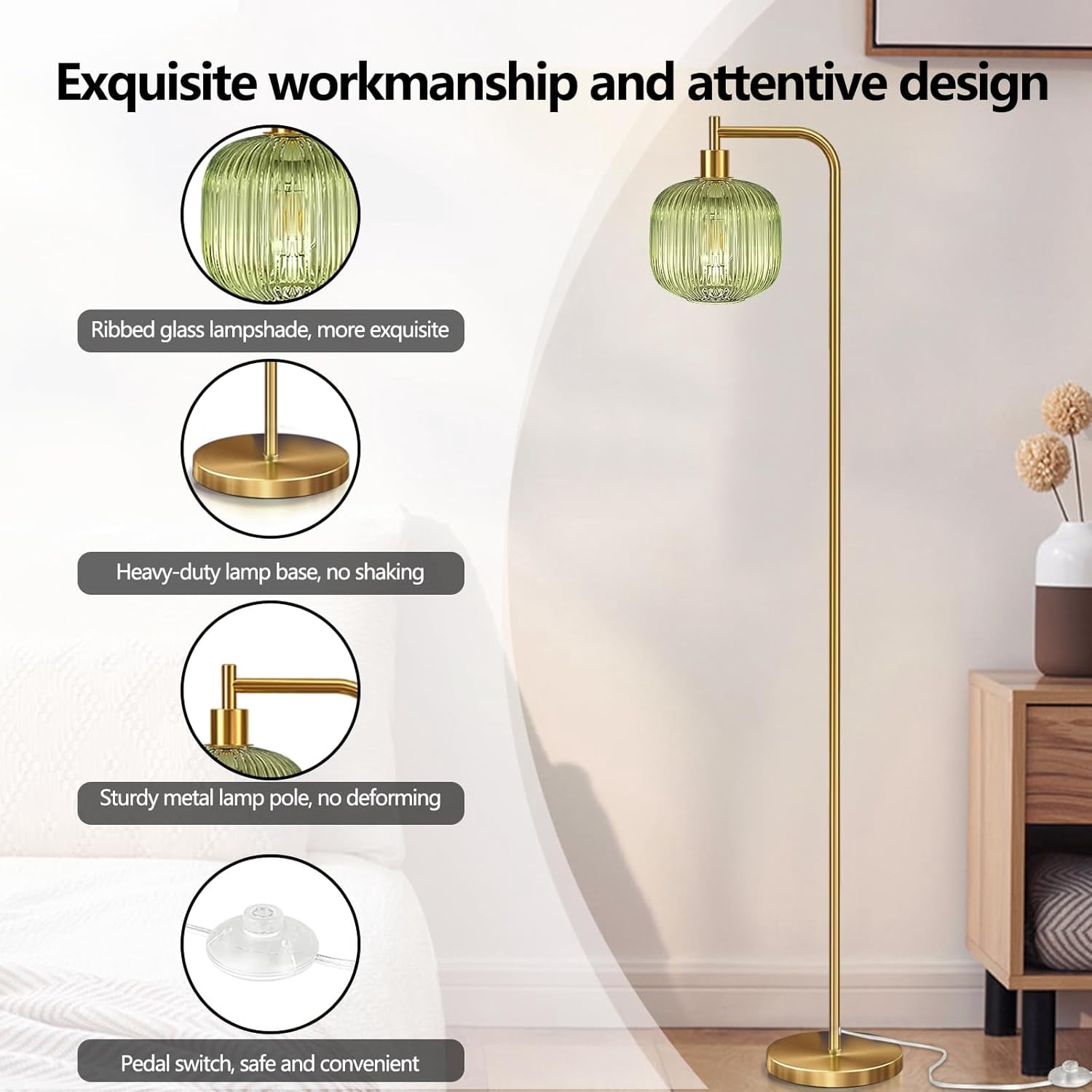 67” Modern Floor Lamp for Living Room Glass Standing Lamp Gold