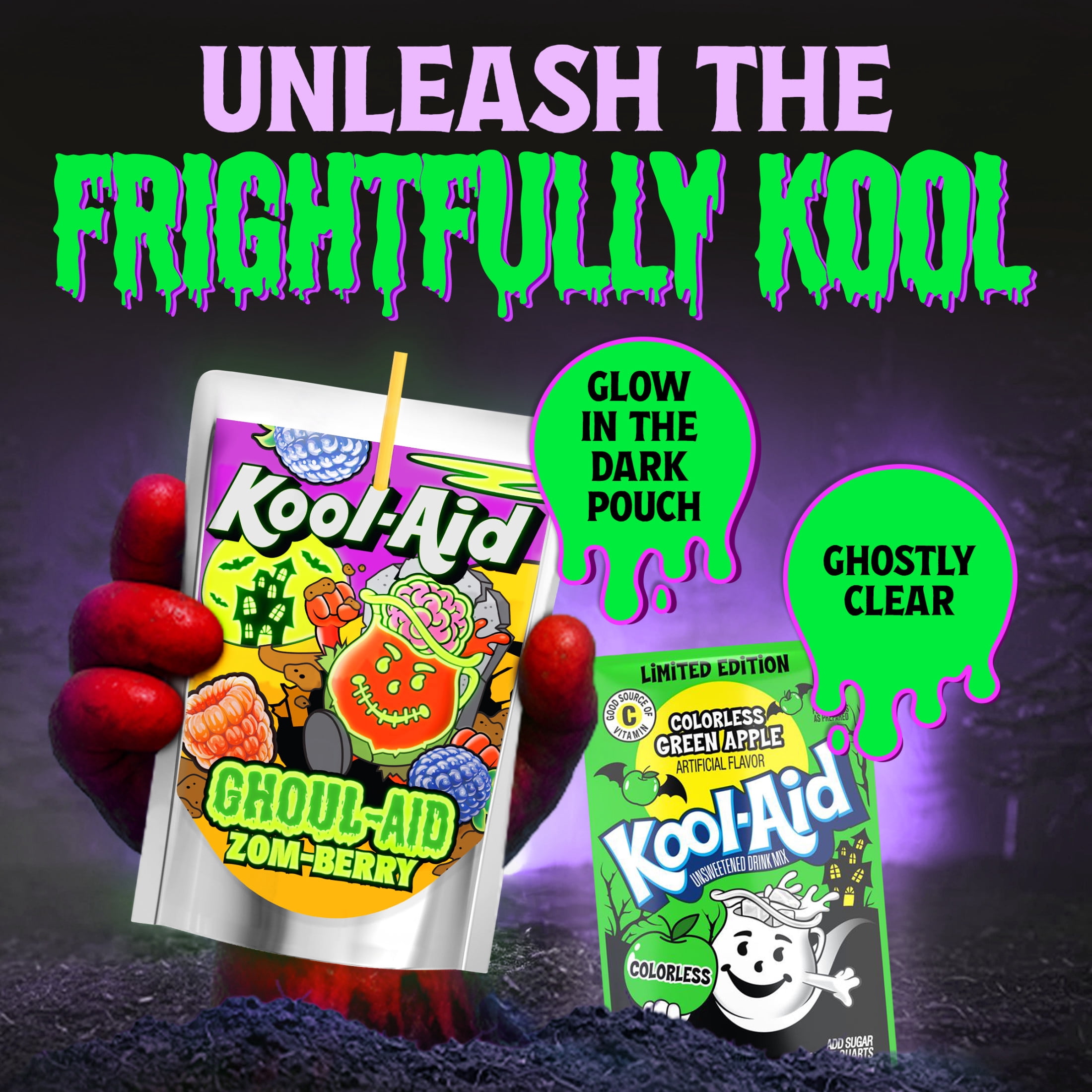 Kool-Aid Ghoul-Aid Artificially Flavored Drink, 10 Pouches, for School Lunches and On-the-Go Hydration, Zom-Berry Flavor, Excellent Source of Vitamin C, 6 fl oz