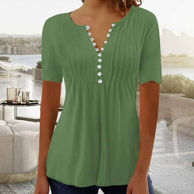 LSLJS T-Shirts pour Femmes Mode Décontractée Col Rond Plissé Couleur Unie Bouton Haut Blouse
