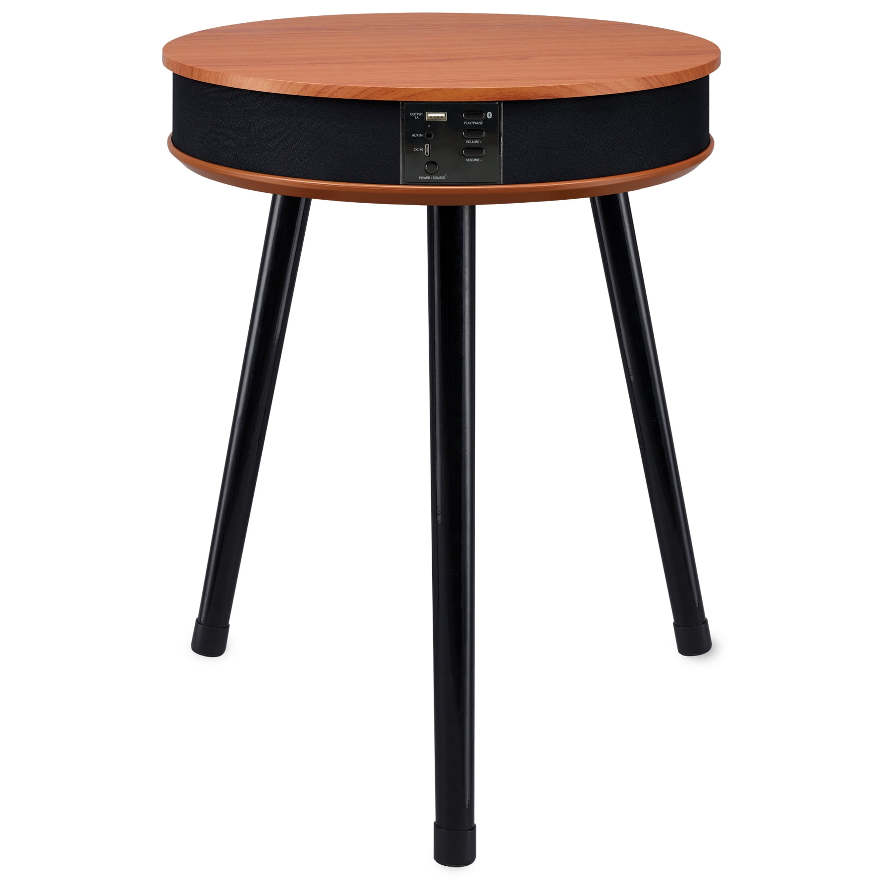 DecorTech Round End Table with Built-In Bluetooth Speaker and USB Charging Port, Walnut