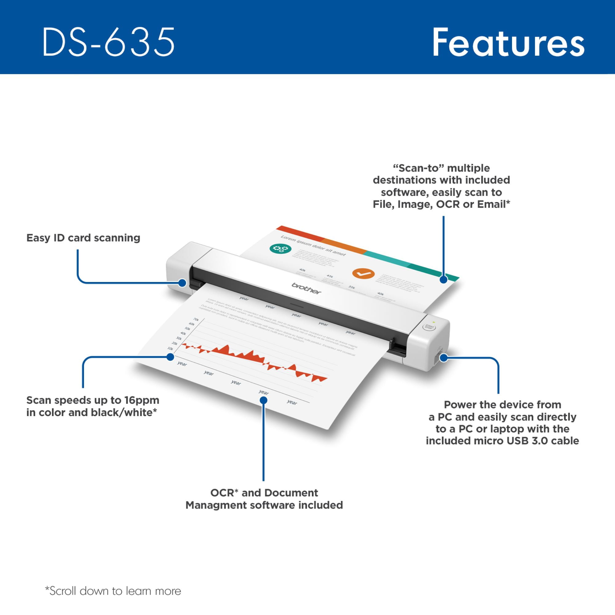 Brother Portable DS-635 Monochrome/Color Compact Mobile Document Scanner