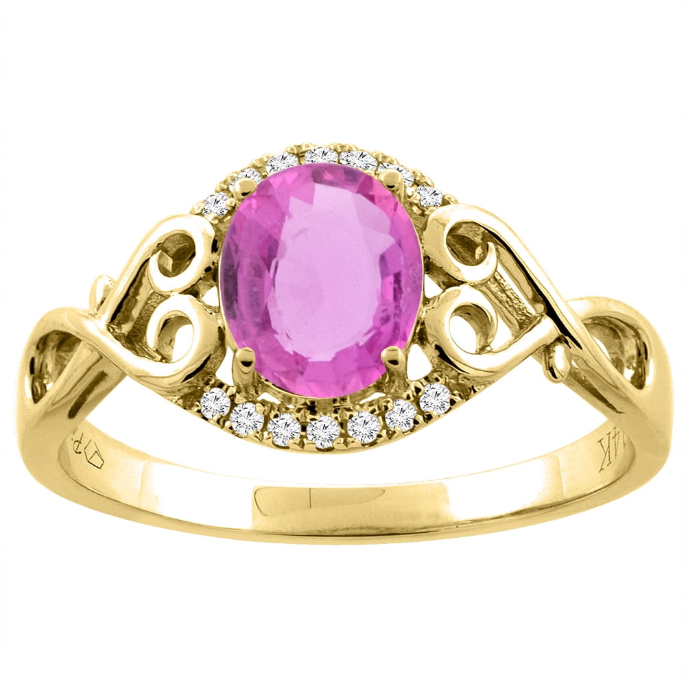 14K Yellow Gold Natural Pink Sapphire Ring Oval 8x6 mm Diamond & Heart Accents, size 5 by Gabriella Gold