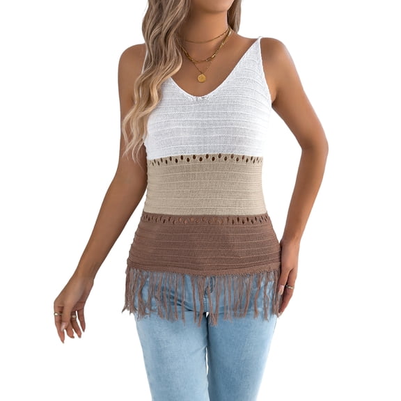 Women'S Hollow Out Fringe Knitted Tank Top Sheer Sleeveless Long Vest V Neck Color Block Boho Vest Khaki L