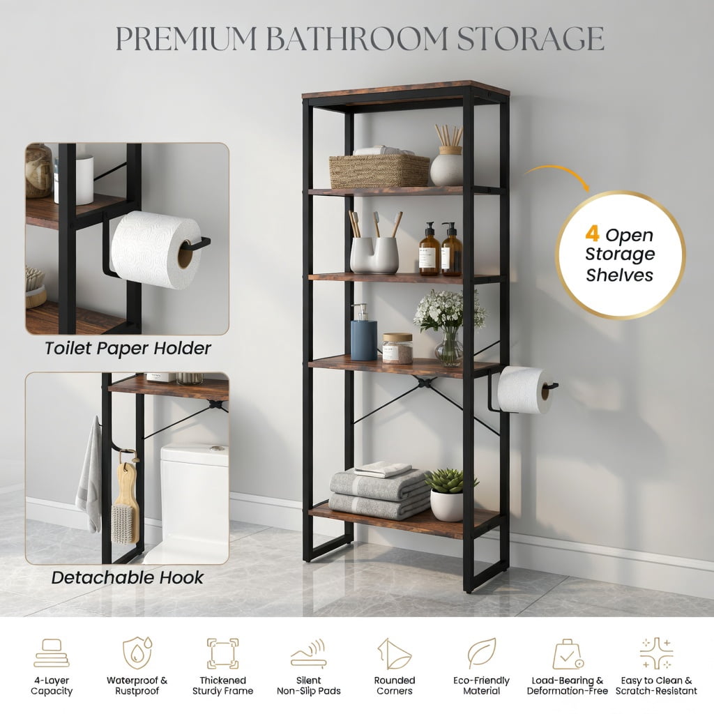 Hommoo 4-Tier Over-the-Toilet Storage Shelf Rack, Freestanding Bathroom Organizer for Small Spaces, Black