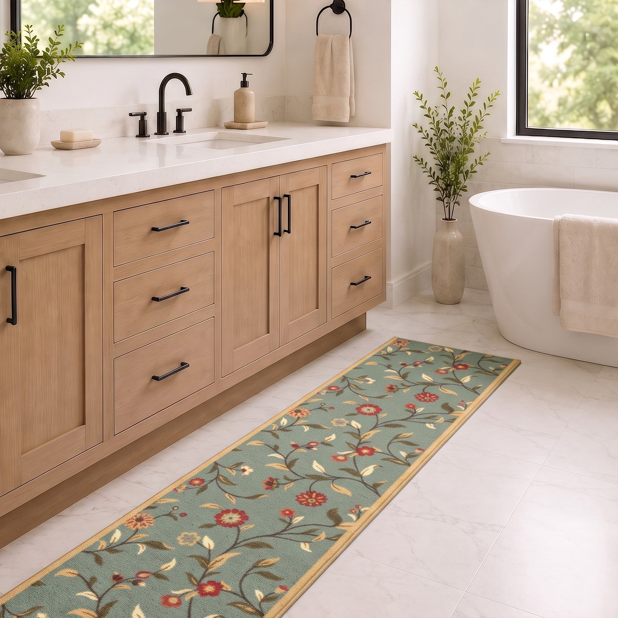 Ottomanson Extra Long Runner Rug 1'10.5" x 47' – Non-Slip Low Pile Hallway Carpet, Floral Seafoam Green
