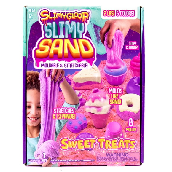 SLIMYSAND Friandises Sucrées, 2 Livres de Slimysand en 5 Couleurs (Pailleté Rose, Pailleté Blanc, et Rose, Bleu et Violet), 6 Moules 3D & Boîte Réutilisable pour Jouer. Slime Nuage Super Extensible & Moulable!