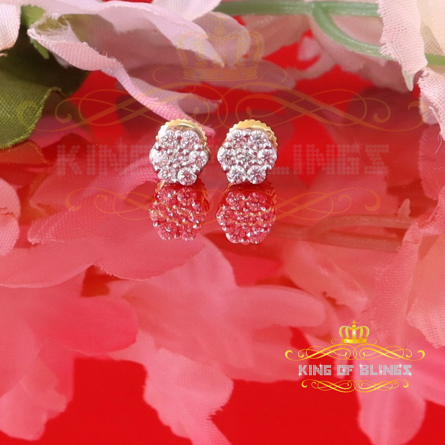 King of Bling's Men's/Women's 925 Silver Yellow 0.25ct VVS 'D' Moissanite 7 Floral Stud Earrings