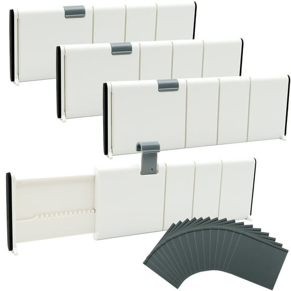 VEGCOO Drawer Dividers Organizer 4 Pack, Adjustable Drawer Separators with 16 Inserts 4" High Expandable from 11-17.5" for Home,Bedroom, Bathroom, Closet, Clothing, Office, Kitchen