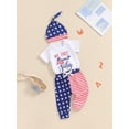 thumbnail image 5 of Aojekbee Baby Boy Patriotic Outfit Letter Print Short Sleeves Romper and Elastic Star Stripe Pants Beanies Hat Set, 5 of 10