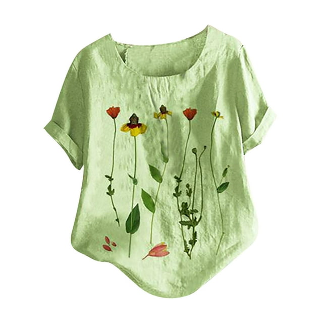 Birdeem Hauts Vintage en Coton et Lin pour Femmes Grande Taille Col Rond Manches Courtes Imprimé Boutons