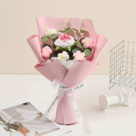 Crochet Flowers Bouquet Hand-Woven Artificial Crochet Flowers Knitted Yarn Flowers Rose Wedding Bouquet for Valentines Day Mother's Day Birthday Wedding Decor Mom Gift