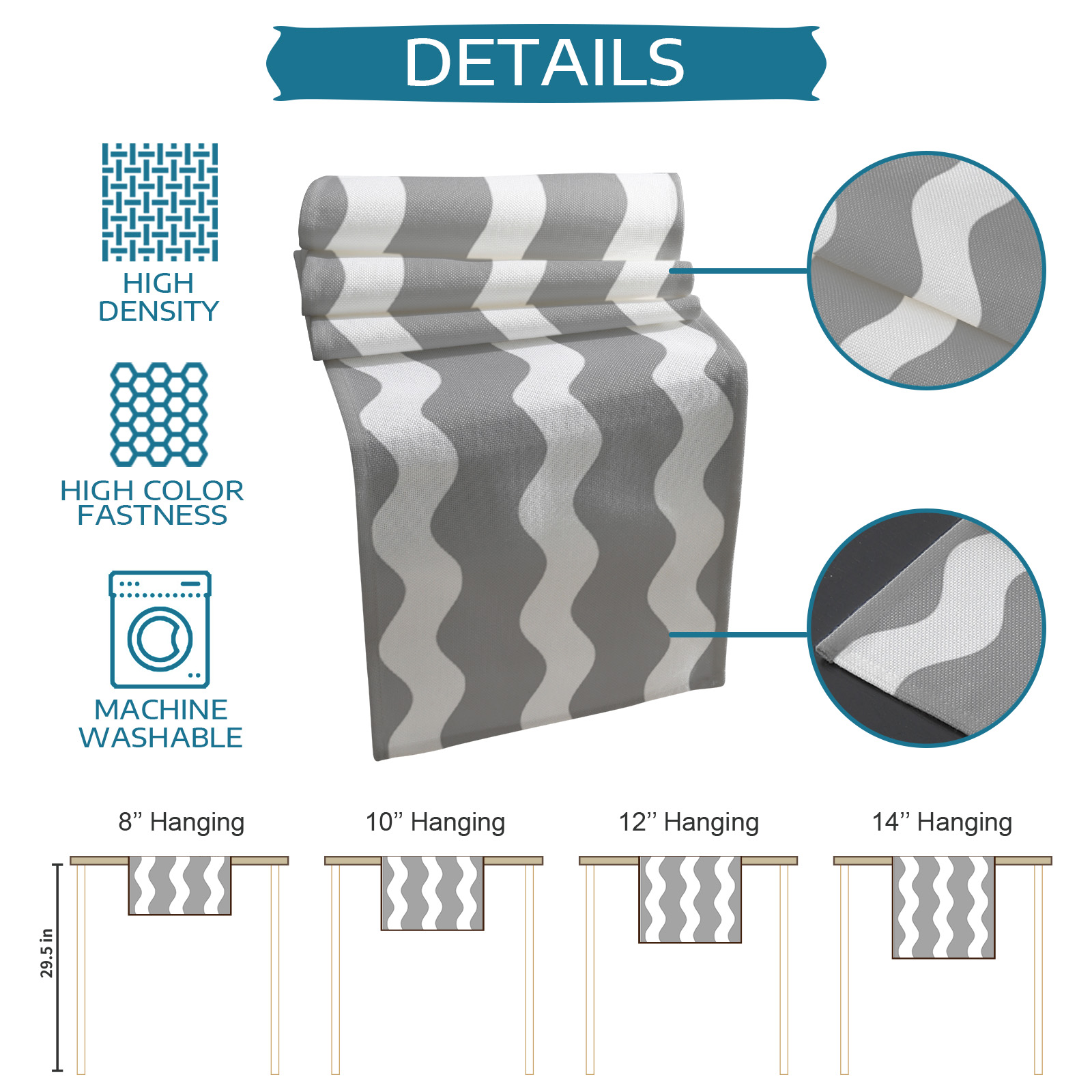 Table Runner Dresser Scarves 70 Inch Long, Grey White Abstract Sea Wave Linen Dining Table Runners Minimalist Geometry Stripe Art Tabletop Scarf for Wedding Holiday Party Kitchen