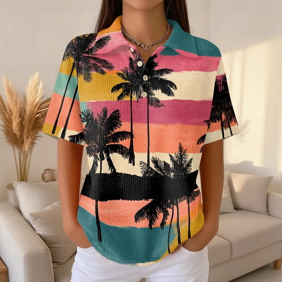 Women's Golf Polo Shirts Collared V Neck Short Sleeve Plus Size Casual Henley Waffle Knit Button-Up Top