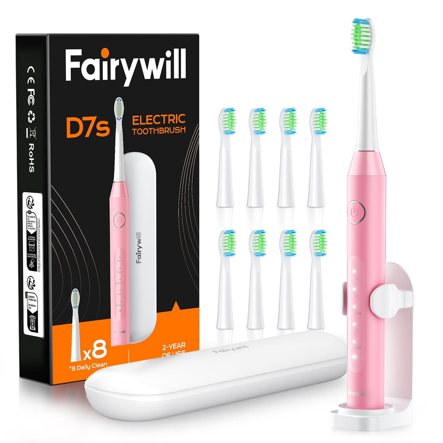 Fairywill Sonic Electric Toothbrush for Adults and Kids, Rechargeable Kit with 8 Dupont Brush Heads & Travel Case, 47000 VPM, 5 Modes, Fast Charge, 60-Day Battery, IPX7 Waterproof, Pink