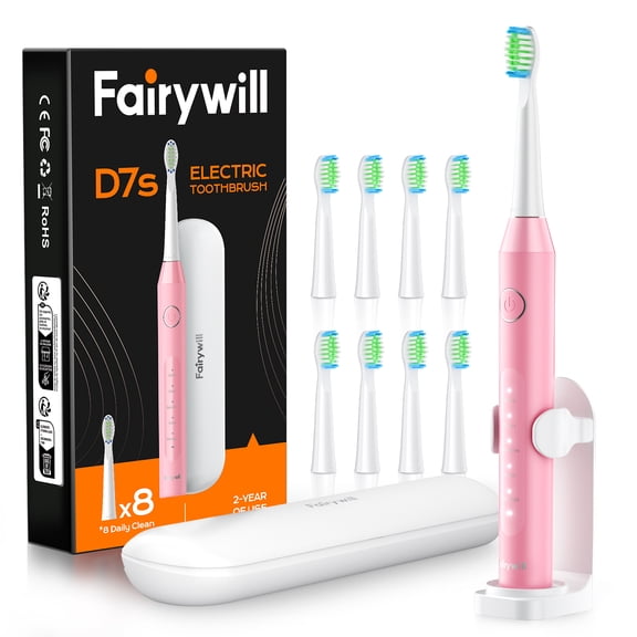 Fairywill Sonic Electric Toothbrush for Adults and Kids, Rechargeable Kit with 8 Dupont Brush Heads & Travel Case, 47000 VPM, 5 Modes, Fast Charge, 60-Day Battery, IPX7 Waterproof, Pink