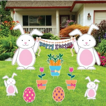 "Happy Easter" Easter Bunnies with Easter Eggs and Flowers Yard... by Victory Store