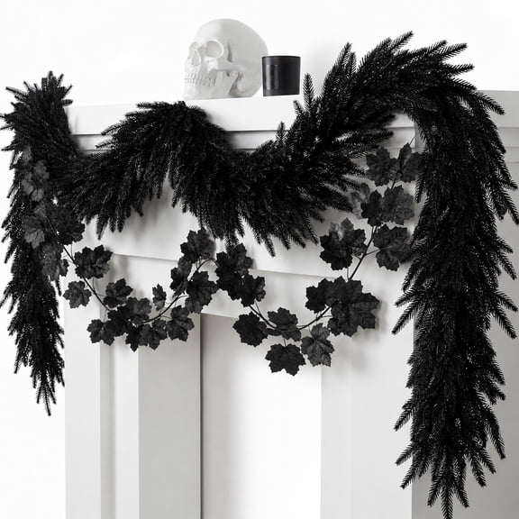 EBaokuup 2 Pcs 6 Ft Black Norfolk Pine Garland, Halloween Maple Leaf Vine Decor for Home