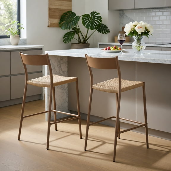Resenkos Outdoor Dining Room Chairs, Patio Kitchen Chairs,Patio Barstools Set of 2 with Rattan Seat and Metal Backrest-Light Brown