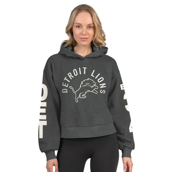 Women's Starter Heather Charcoal Detroit Lions Star Player Cropped Fleece Pullover Hoodie