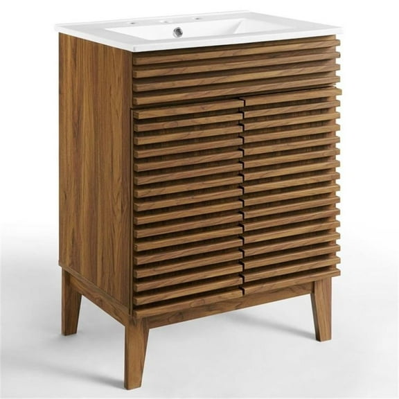 Allora Modern Wood Bathroom Vanity with Storage Shelf in Walnut/White