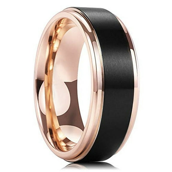 Wedding Ring For Men. 8mm Rose Gold Tungsten Wedding Band w Matte Black Top