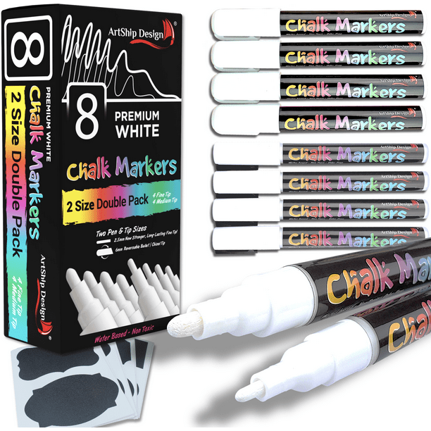 8 White Chalk Markers Double Pack of Extra Fine and Medium Tip Liquid