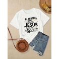 thumbnail image 2 of Plus Size "Blessed by God, Loved by Jesus" Graphic Tee - Casual Crew Neck Short Sleeve, Polyester Knit Top for Women, All-Season Wear, 2 of 4