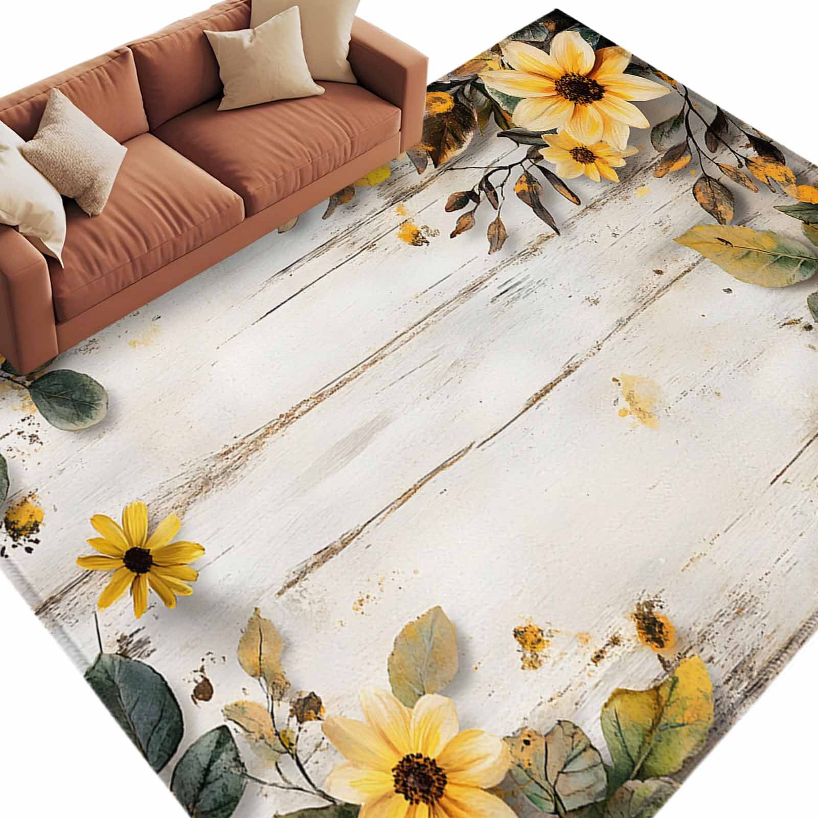Yellow Floral Spring Area Rugs 6x9 for Living Room, Summer Rustic Botanical Vintage Wood Non Slip Washable Rug Runner, Low Pile Indoor Floor Carpet Mat Bathroom Rugs for Bedroom, Kids Room