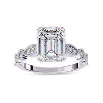 Solitaire Engagement Ring for Women Center 9x7mm Emerald and Round Cut Lab Created Moissanite Beaded Promise Rings In 10K Solid White Gold Jewelry Gift for Her, Size 4.5