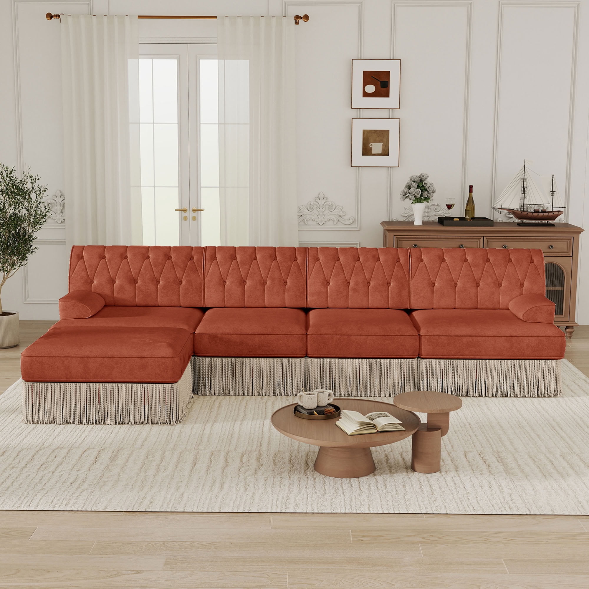 MAYEERTY 135 Inch L-Shaped Sectional Sofa, Pet Friendly Chesterfield Modular Couch with Ottoman, Wooden Base for Living Room Bedroom Rest Area