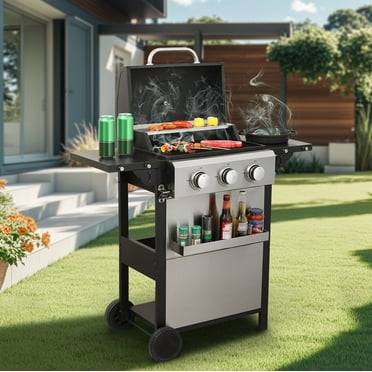 Ufurpie 3-Burner Propane Gas BBQ Grill, 25650BTU Output With Wire Enamel Cooking Grids For Outdoor Barbecue, Foldable Side Table, Stainless Steel