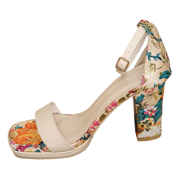 Bmisegm Women Sandals Fashion New Pattern Flower Print Open Toe Breathable and Comfortable Buckle Strap High Heels Sandals Women Summer Beige 7.5