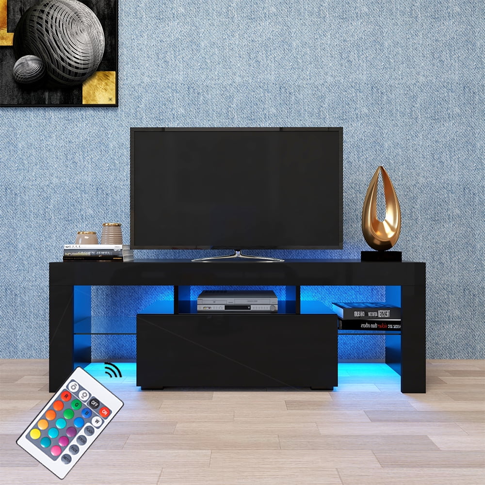 Modern Black TV Stand on Clearance with LED Lights, High Gloss 12