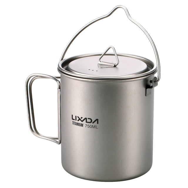 Lixada Olla de titanio ultraligera de 750 ml Taza de agua de titanio portátil con tapa y asa plegable Picnic de cocina para acampar al aire libre Lixada Copa de titanio