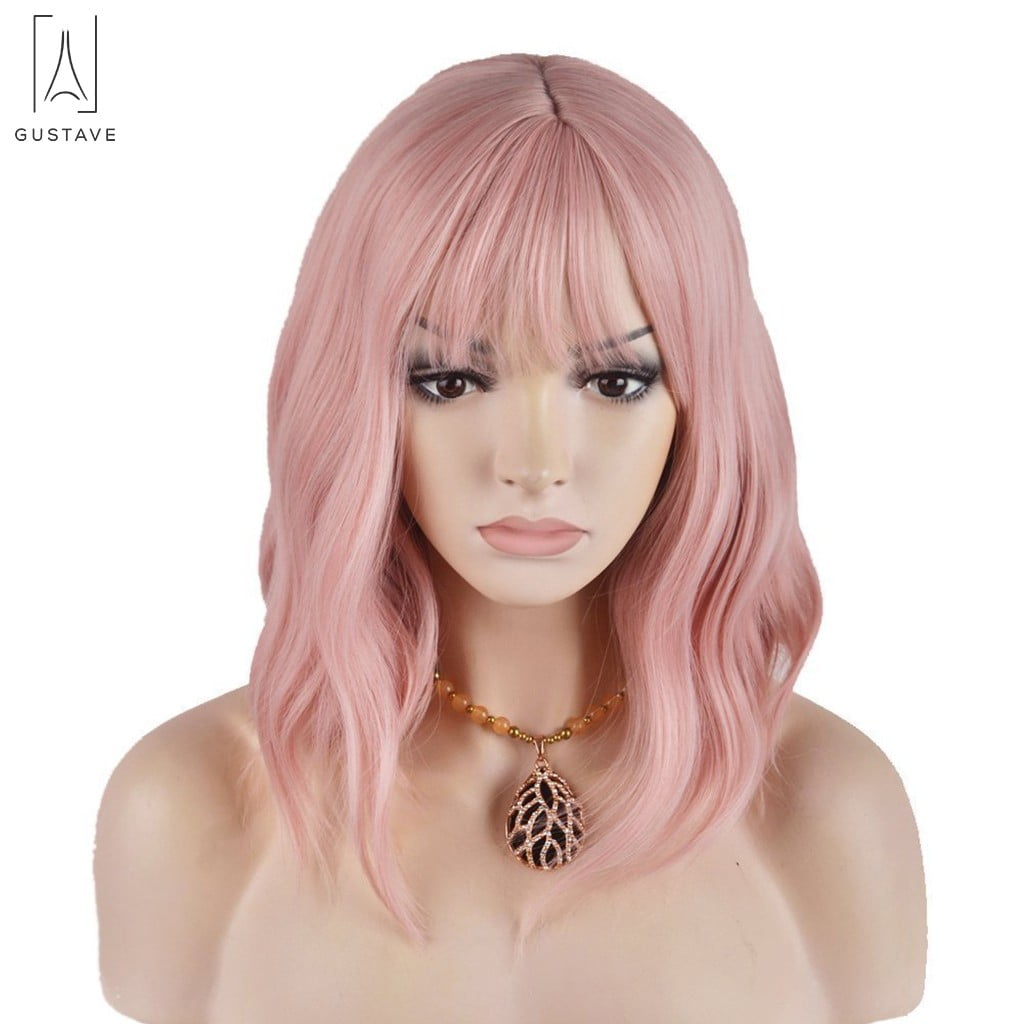 Gustave 14Inches Womens Girls Short Curly Synthetic Wig With Air Bands Cosplay Casual Party Replacement Wigs Lady Ombre Hair Lovly Pink