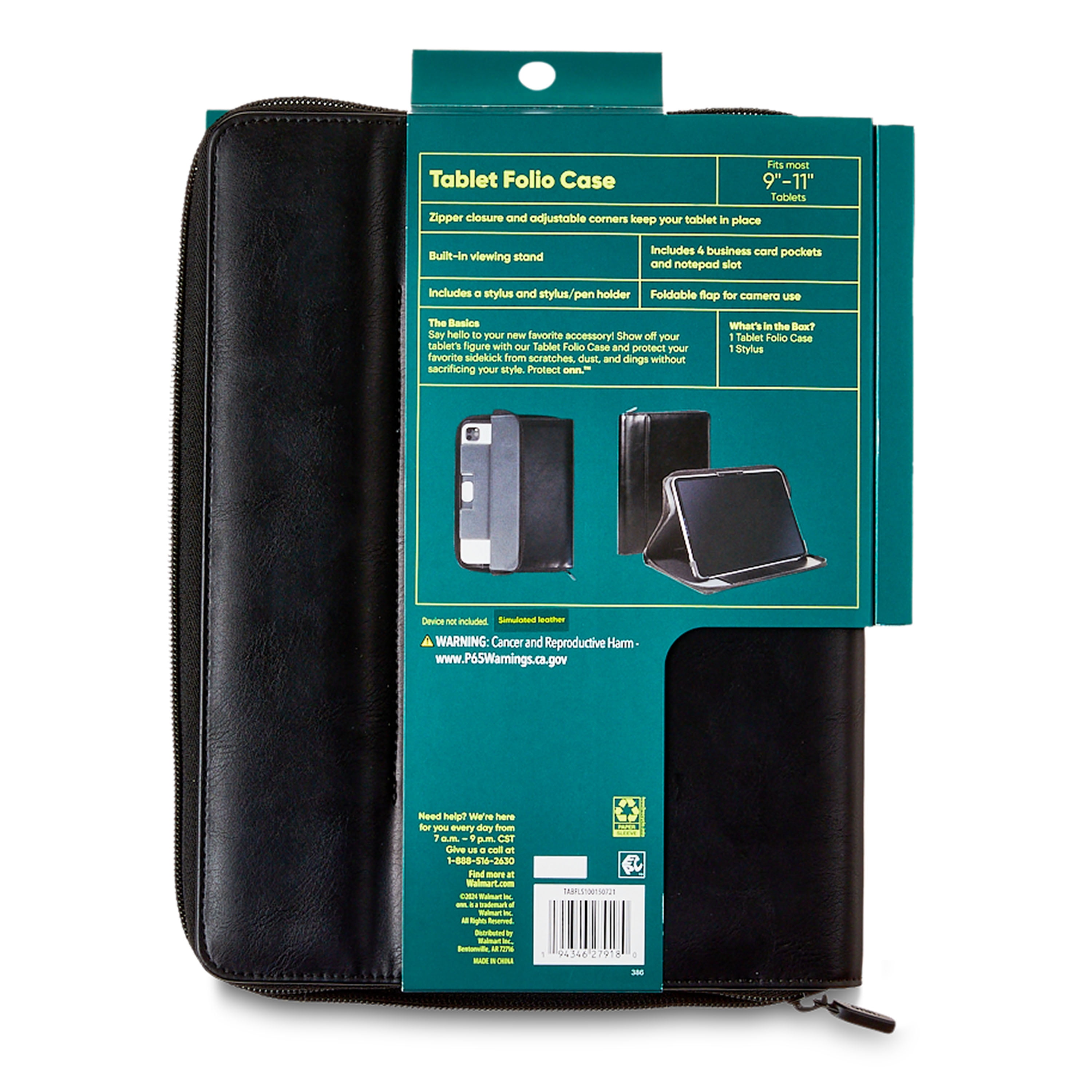 onn Black Vegan Leather Zippered Tablet Folio Case with Stylus for 9 to 11 inch Tablets