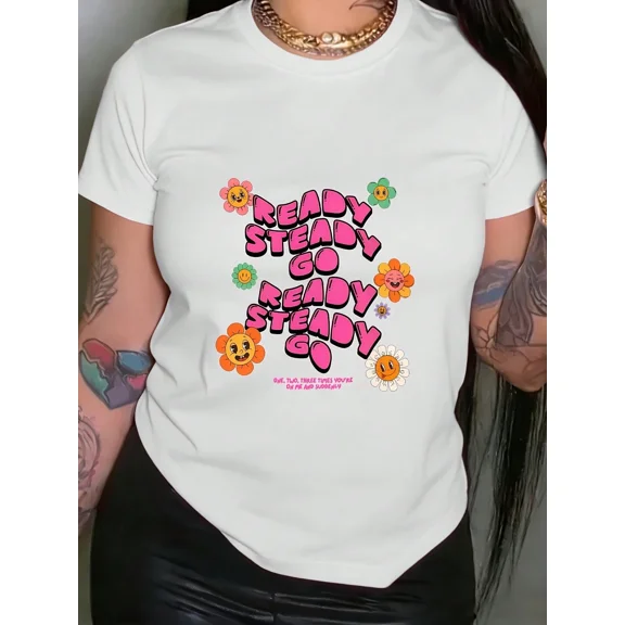Ready Steady Go Graphic Print T-Shirt, Short Sleeve Crew Neck Casual Top For Summer & Spring, Women's Clothing